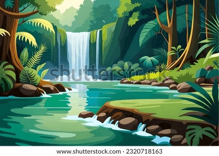 Waterfall in the jungle. Vector illustration of a waterfall flat style.