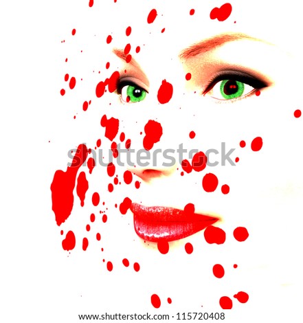 Pale female face covered in human blood.