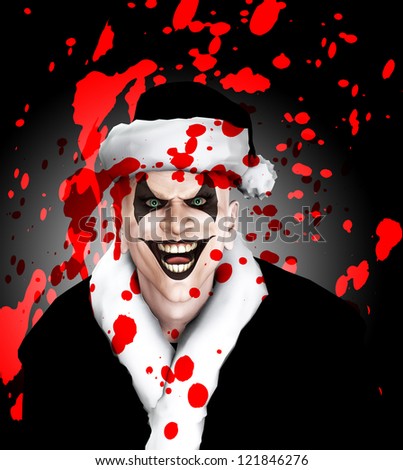Evil clown Santa covered in blood.