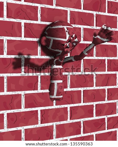 Cartoon figure coming out of a brick wall.