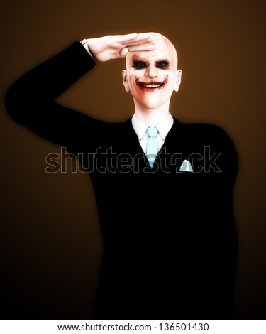 Evil clown figure saluting