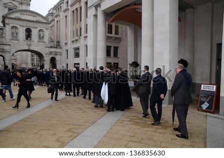 LONDON - APRIL 17: Guests Including Celebrities And Political Figures Arrive To Attend The Funeral Of Margret Thatcher Outside St Pauls Cathedral London April 17th, 2013 in London, England.
