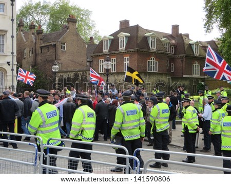 London - June 1: The BNP protest against Muslims during their rally in Westminster, London June 1st, 2013 in London England.