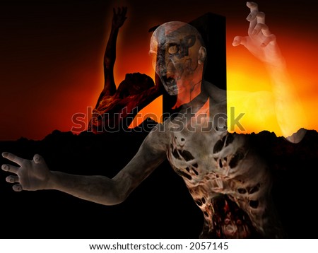 A set of zombies emerging from the ground with a atmospheric background.