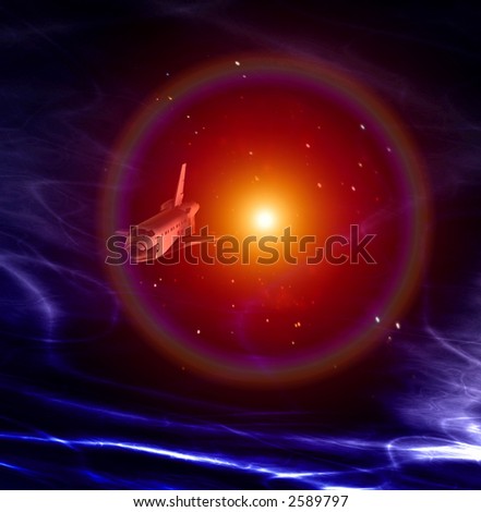 A conceptual image of spacecraft flying away from a sun in space.