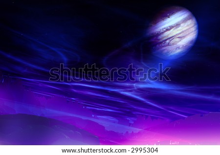 A conceptual image of a landscape with Jupiter in the sky.