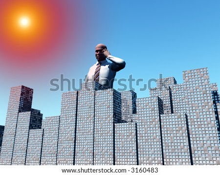 An conceptual image of a man standing over a city that he works in.