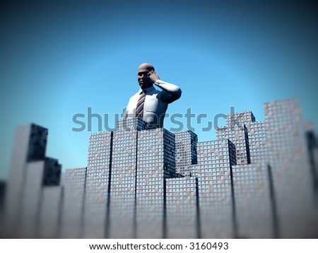 An conceptual image of a man standing over a city that he works in.