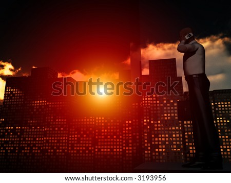 An conceptual image of a man looking through the window of his city office that he works in.