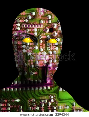 An image of an android that is made out of printed circuit bored.