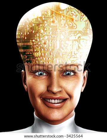 An conceptual image of a cyborg women who is very clever, we can tell this by the big head with an added circuitbored effect.
