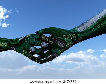 An conceptual image of two android hands handshaking with a printed circuit effect.