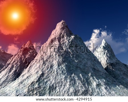 An image of a computer created snowy ice mountain,with added sun effect.