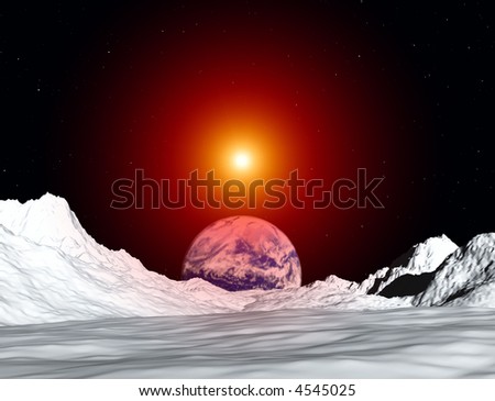An image of the earth from a view from the lunar mountain landscape. With added sun effect.