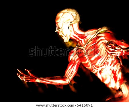 An image of a man without any skin, with his muscles exposed a suitable image for Halloween.