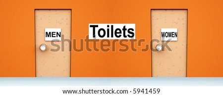 An conceptual image of two doors with signs on them indicating toilets.