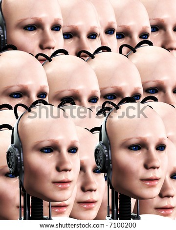 An image of lots of heads of technologically robotic women who have been duplicated, it would make a interesting background.