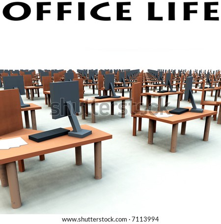A conceptual image of a It office/work environment, it contains desks, chairs and computers with keyboards and paper.