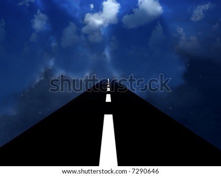 A surreal image of a road or highway in a cloudy dark sky.