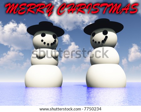 A computer created Christmas scene of a happy snowman and snowwomen in some tropical water on holiday.