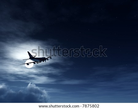 A plane flying high in the moonlight sky.