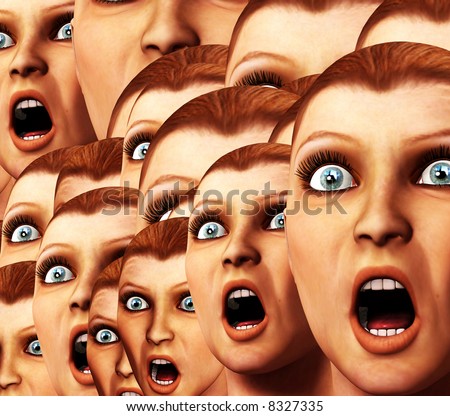 An image of a background made out of a load of surprised or scared women.