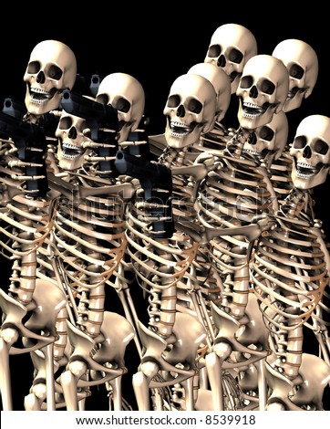 An image of a lot of skeletons with some  firearms, a possible interesting conceptual modern version of death. Or a medical image of  Skeletons in action.