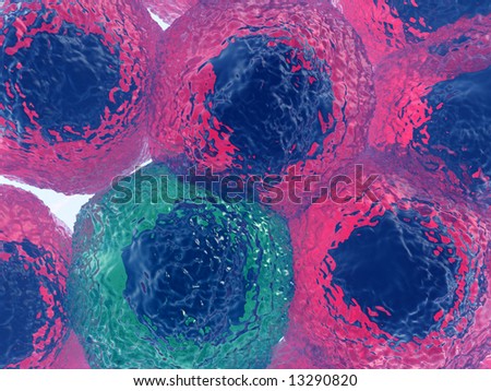An image of some cells with an infected cell amongst them. It would make a interesting medical or background image.
