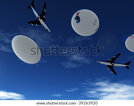 planes being pursed by a fleet of flying saucers.