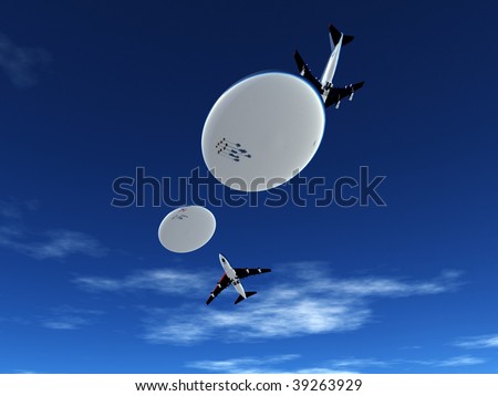 Some planes being pursed by a fleet of flying saucers.