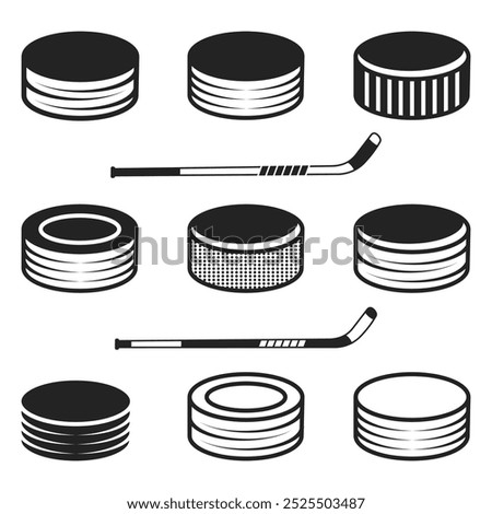 Hockey Sticks Icon Set. Icon of Crossed Ice Hockey Sticks. Hockey puck icon. Ice hockey game player. Sports equipment.