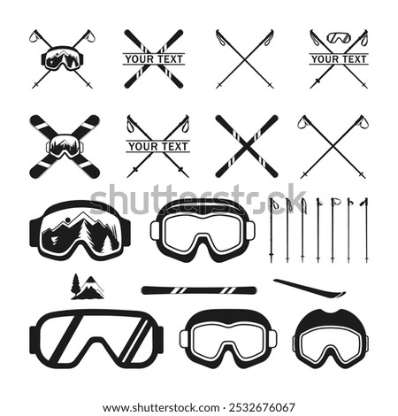 Snow ski poles icon set with snowboard. Mountain skier ski vector icon. ski glasses and crossed ski pole vector illustration. Vector set Silhouette of a skier in winter.