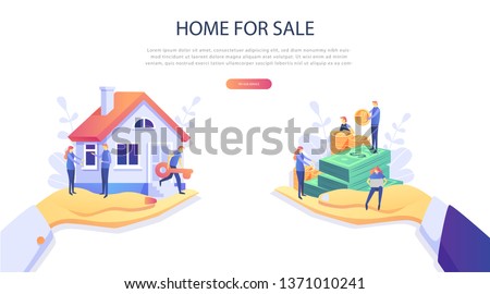 Home Loan concept, Rent,  Buying a property. Real estate agent at work,  investment, mortgage, house loan, account, banking, Hands with a house and with banknotes. Concept for presentation, web page