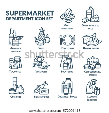 Supermarket department icon set for navigation. Vector illustration