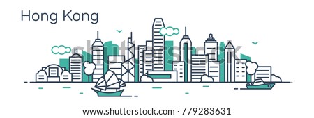 Hong Kong panorama city. Flat line style.Vector illustration
