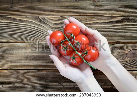 Women's hands holding fresh tomatoes on wooden rustic table with natural light. Top view. Raw food concept.