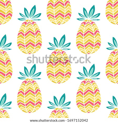 Vector seamless pattern with pineapples. Hand drawn fruits on white background. Illustration io flat style.