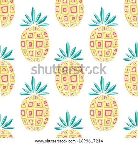 Vector seamless pattern with pineapples. Hand drawn fruits on white background. Illustration io flat style.