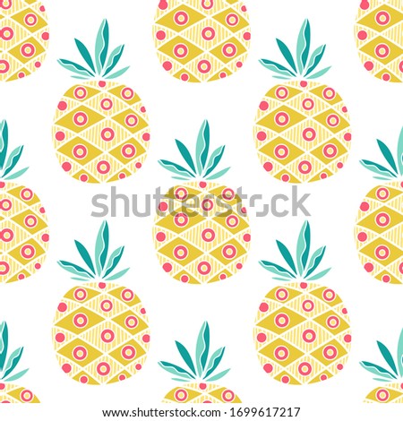 Vector seamless pattern with pineapples. Hand drawn fruits on white background. Illustration io flat style.