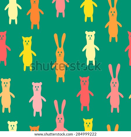 Vector color pattern, bears, cats and rabbits. Green, yellow, red, pink and orange baby animals. Seamless. Cute pattern for baby things.