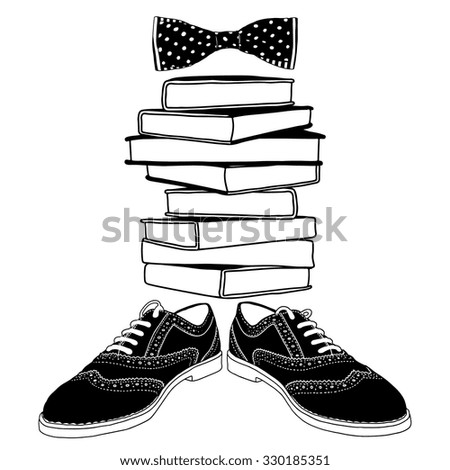 Books with classic brogue shoes and bow tie. Stylish male accessories. Vector illustration