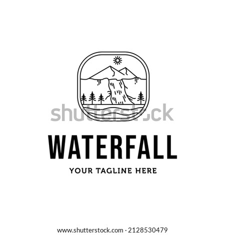 mountain pine tree river line art minimalist logo vector illustration design, waterfall logo design
