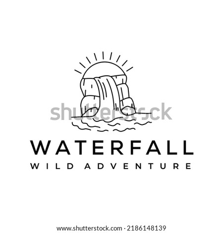 waterfall sun rock line art logo vector minimalist illustration design