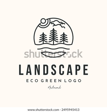 landscape pine tree line art logo vector minimalist illustration design, evergreen nature logo design