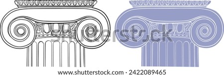 Ionic white capital. Vector flat illustration. Architectural background. Linear image. White background.