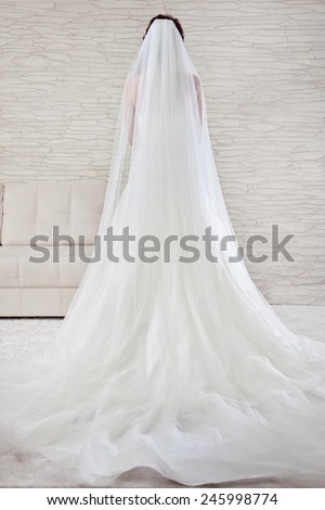 Beautiful wedding and a long white dress, veil, A classic look. Bride standing in white, bright interior.