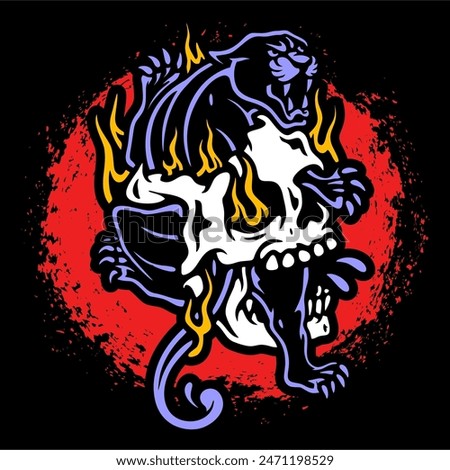 vector illustration tracing artwork of a skull head and panther burning flame. Can be used as Logo, Brands, Mascots, tshirt, sticker,patch and Tattoo design.