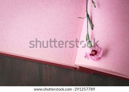 Opened vintage photo album with pink pages on wooden table, sweet william flower, space for romantic text, selective focus