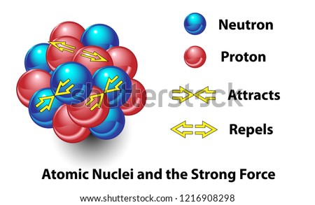 Strong force in the nucleus of an atom . This science diagram shows the force that repels and attracts neutrons and protons. This type of interaction binds together nuclei. Foto d'archivio © 