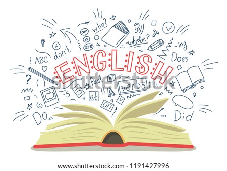 English. Open book with language hand drawn doodles and lettering on white background. Education vector illustration